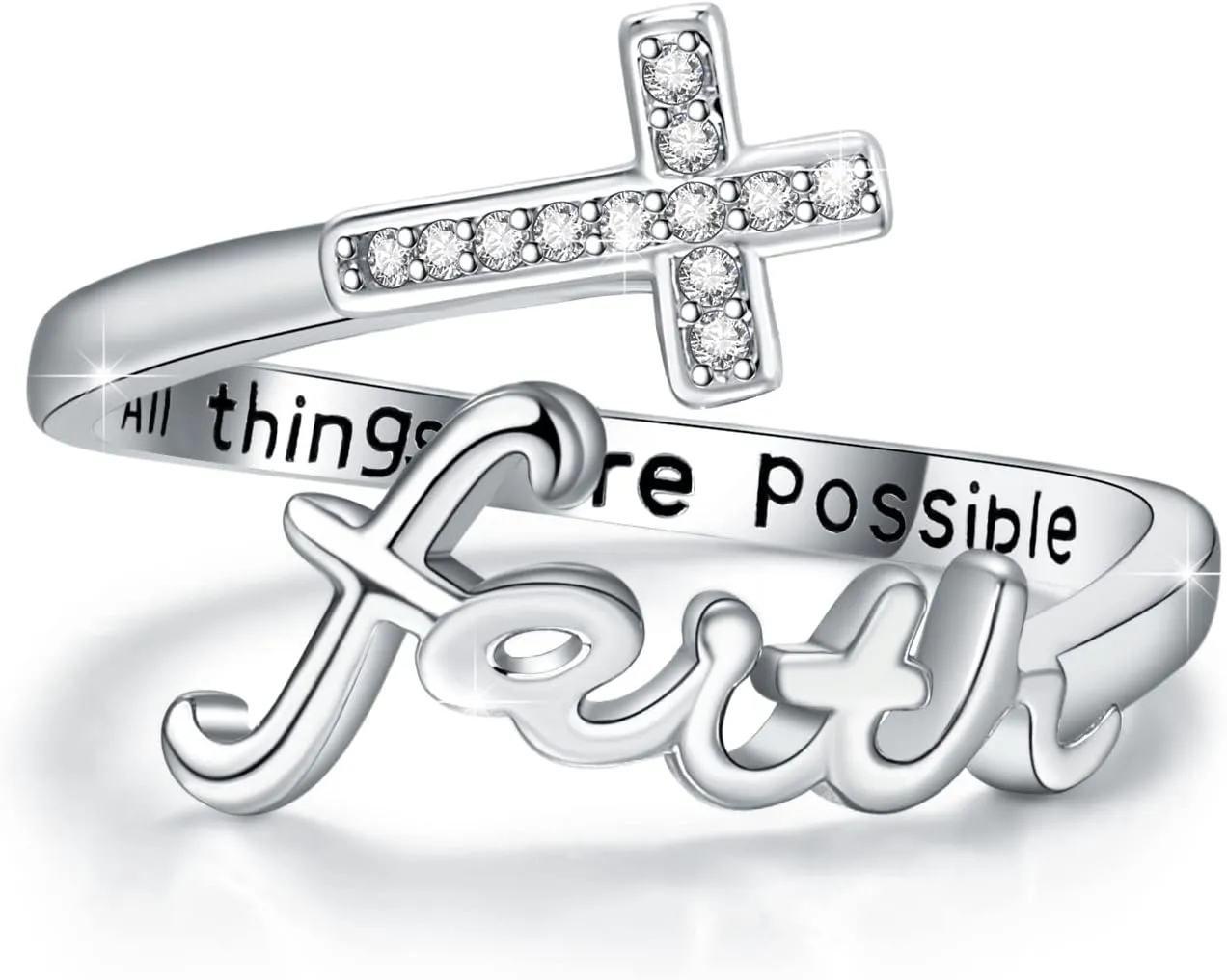 Faith Ring,Cross Rings,Sterling Silver Adjustable Cross Wrap Ring Christian Inspirational Jewelry for Women Girlfriend