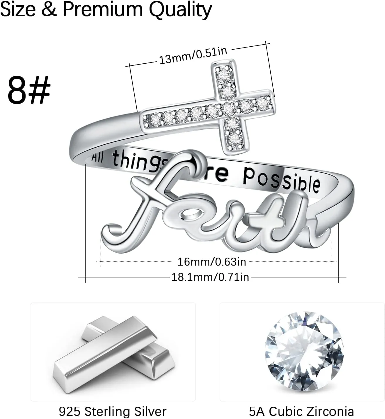 Faith Ring,Cross Rings,Sterling Silver Adjustable Cross Wrap Ring Christian Inspirational Jewelry for Women Girlfriend