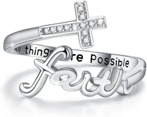 Faith Ring,Cross Rings,Sterling Silver Adjustable Cross Wrap Ring Christian Inspirational Jewelry for Women Girlfriend