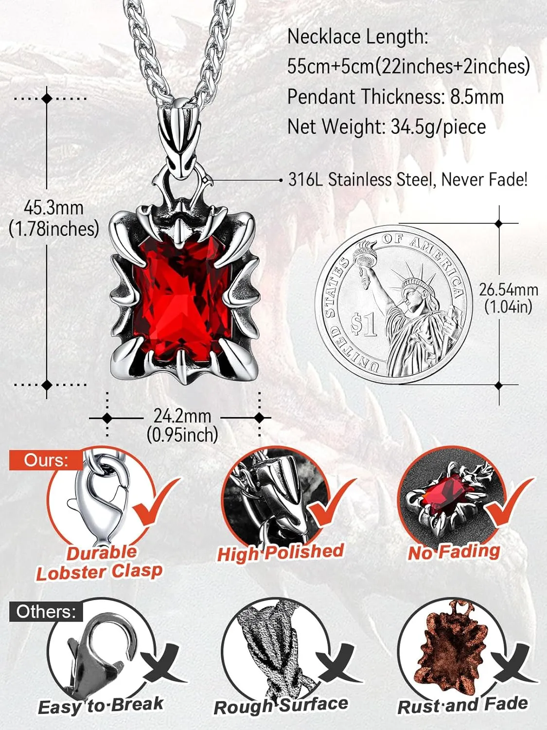 FaithHeart Gothic Dragon Claw Necklace for Men, Punk Biker Stainless Steel Amulet Pendant with Black/Red/Green/Blue Gemstone, Gift Box