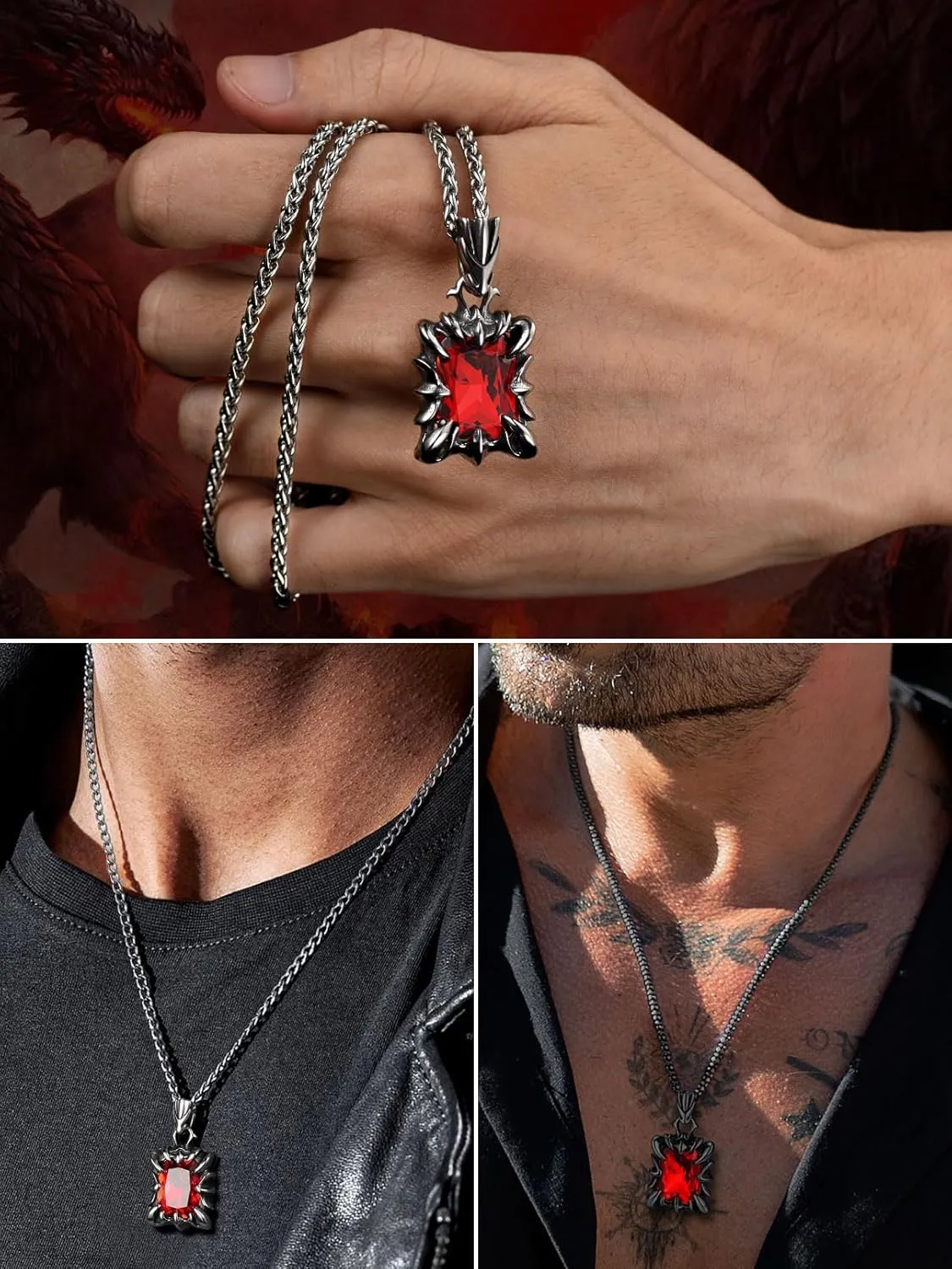 FaithHeart Gothic Dragon Claw Necklace for Men, Punk Biker Stainless Steel Amulet Pendant with Black/Red/Green/Blue Gemstone, Gift Box