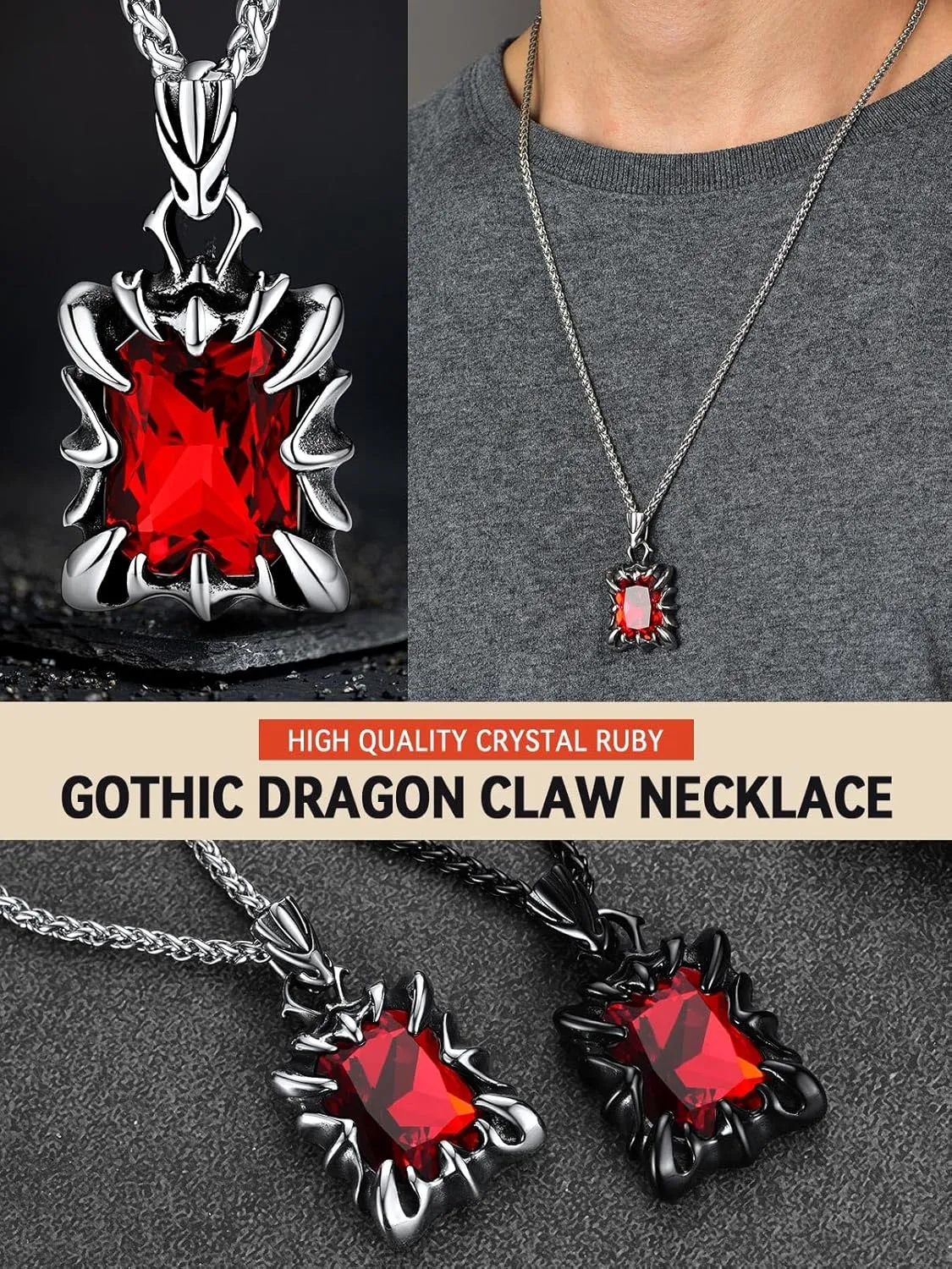 FaithHeart Gothic Dragon Claw Necklace for Men, Punk Biker Stainless Steel Amulet Pendant with Black/Red/Green/Blue Gemstone, Gift Box