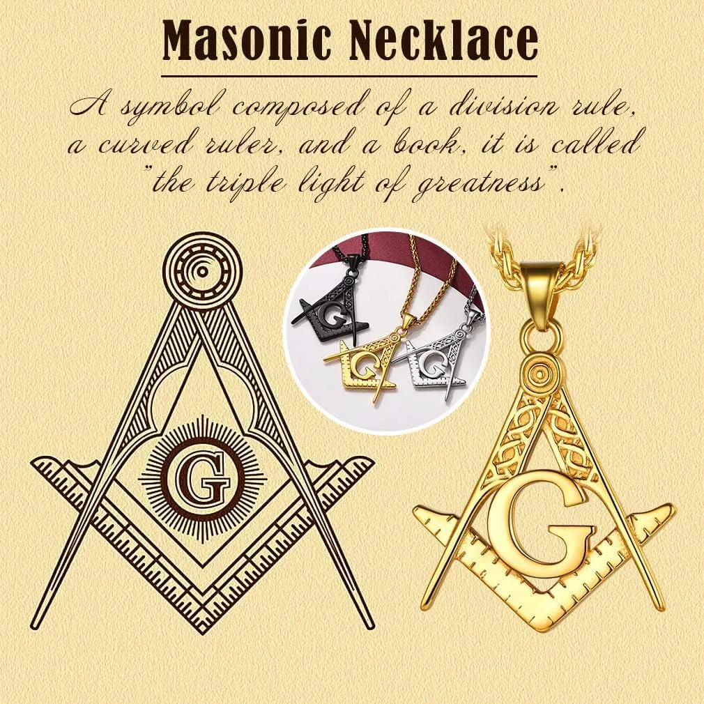 FaithHeart Masonic Necklace for Men, Freemason Compass Symbol 18K Gold Plated/Stainless Steel Free and Accepted Masons Pendant Jewelry with Gift Box