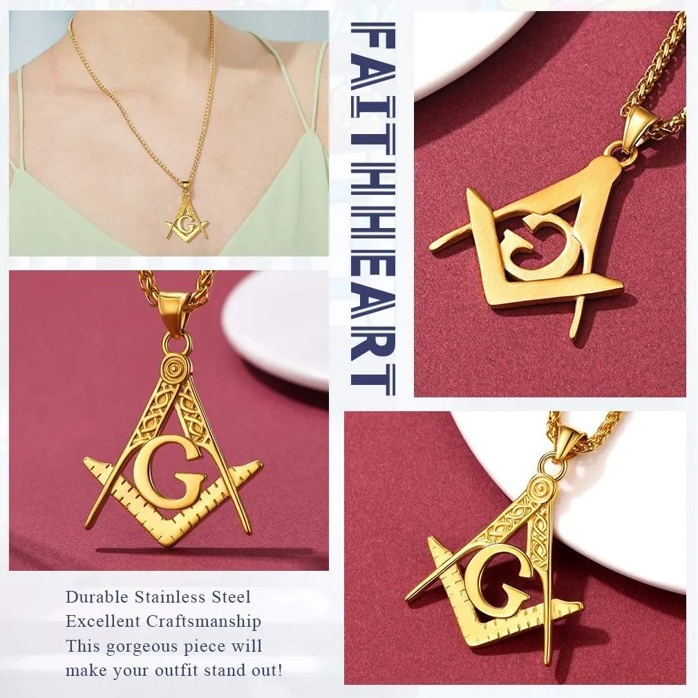 FaithHeart Masonic Necklace for Men, Freemason Compass Symbol 18K Gold Plated/Stainless Steel Free and Accepted Masons Pendant Jewelry with Gift Box