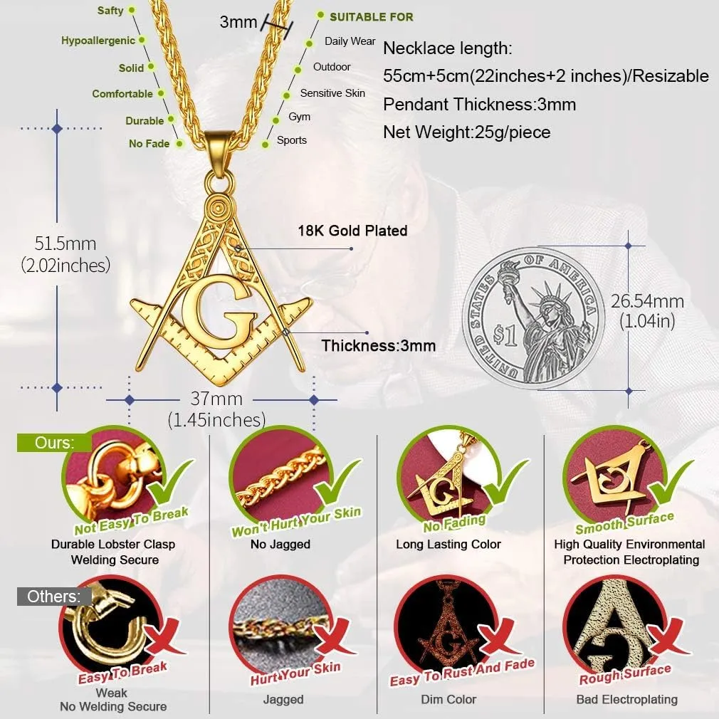 FaithHeart Masonic Necklace for Men, Freemason Compass Symbol 18K Gold Plated/Stainless Steel Free and Accepted Masons Pendant Jewelry with Gift Box