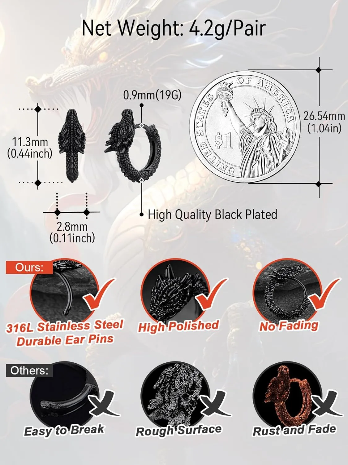 FaithHeart Viking Animals Huggie Hoop Earrings for Men, Gothic Dragon/Snake/Dinosaur/Wolf Earrings Stainless Steel Hypoallergenic Lightweight Stud Earrings Mens Punk Rock Jewelry Gift