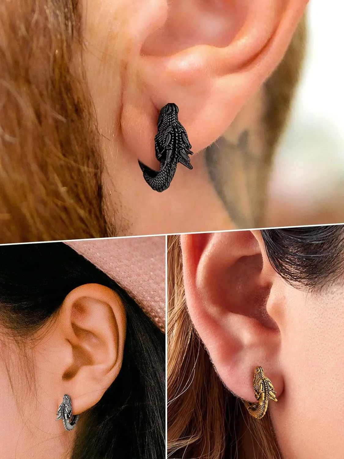 FaithHeart Viking Animals Huggie Hoop Earrings for Men, Gothic Dragon/Snake/Dinosaur/Wolf Earrings Stainless Steel Hypoallergenic Lightweight Stud Earrings Mens Punk Rock Jewelry Gift