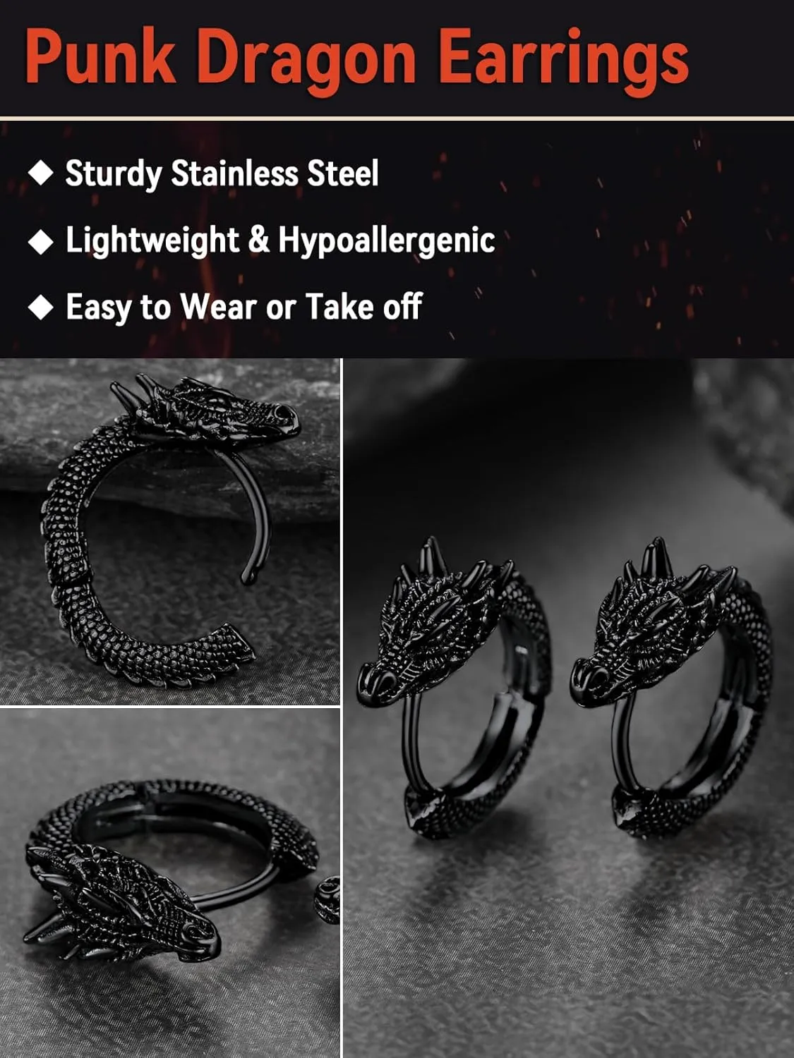 FaithHeart Viking Animals Huggie Hoop Earrings for Men, Gothic Dragon/Snake/Dinosaur/Wolf Earrings Stainless Steel Hypoallergenic Lightweight Stud Earrings Mens Punk Rock Jewelry Gift