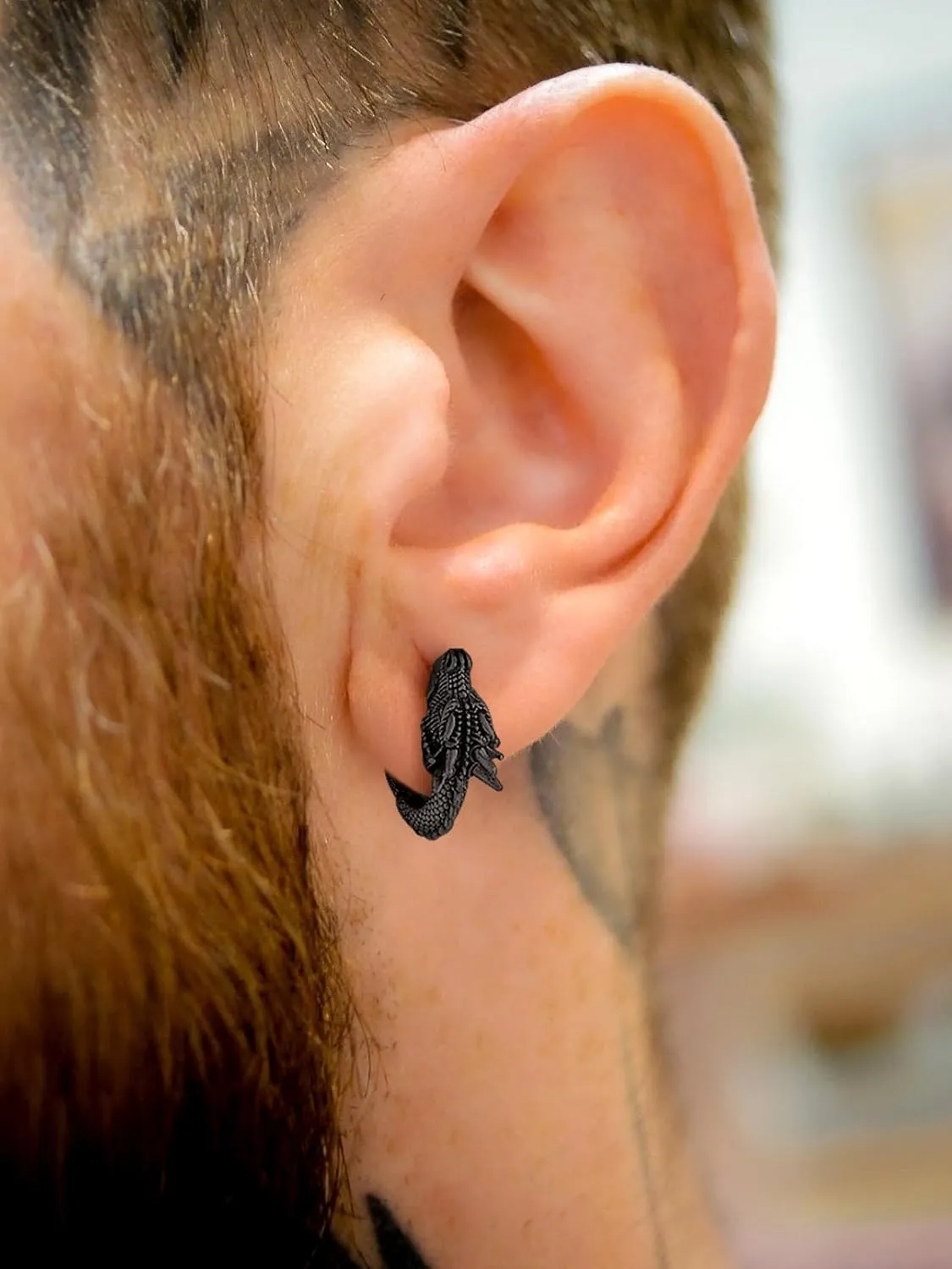 FaithHeart Viking Animals Huggie Hoop Earrings for Men, Gothic Dragon/Snake/Dinosaur/Wolf Earrings Stainless Steel Hypoallergenic Lightweight Stud Earrings Mens Punk Rock Jewelry Gift
