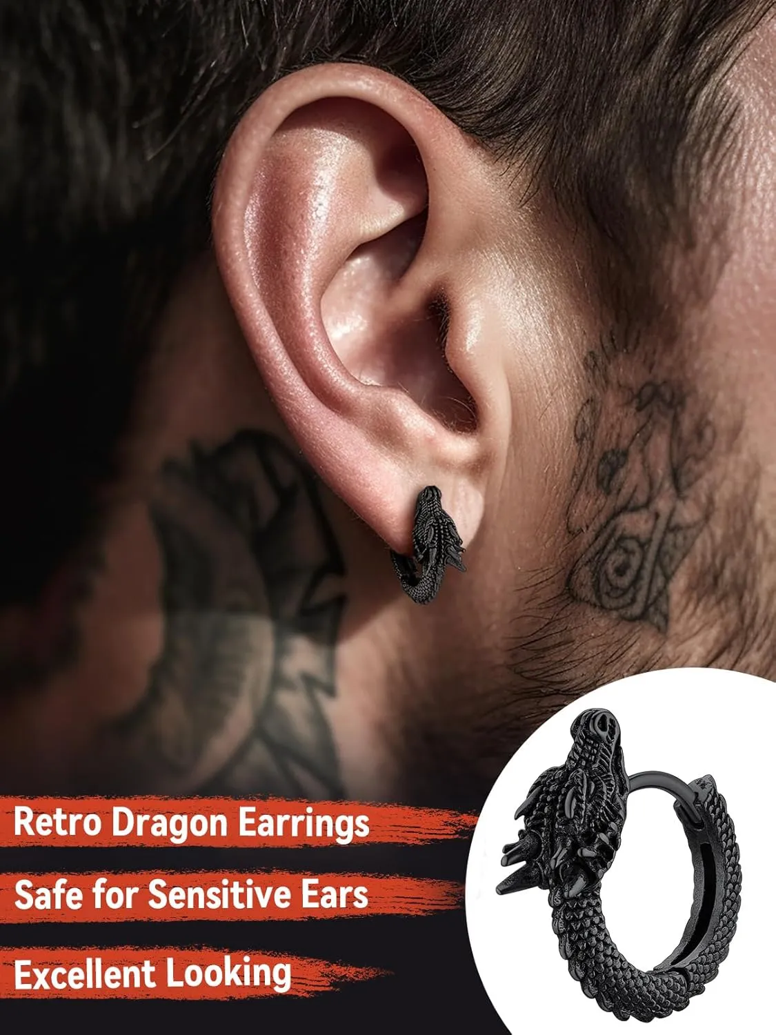 FaithHeart Viking Animals Huggie Hoop Earrings for Men, Gothic Dragon/Snake/Dinosaur/Wolf Earrings Stainless Steel Hypoallergenic Lightweight Stud Earrings Mens Punk Rock Jewelry Gift