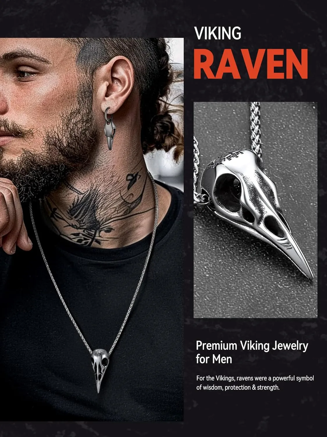 FaithHeart Viking Raven Necklace for Men, Norse Mythology Raven Skull Pendant Sturdy Stainless Steel Amulet Jewelry Gift for Men