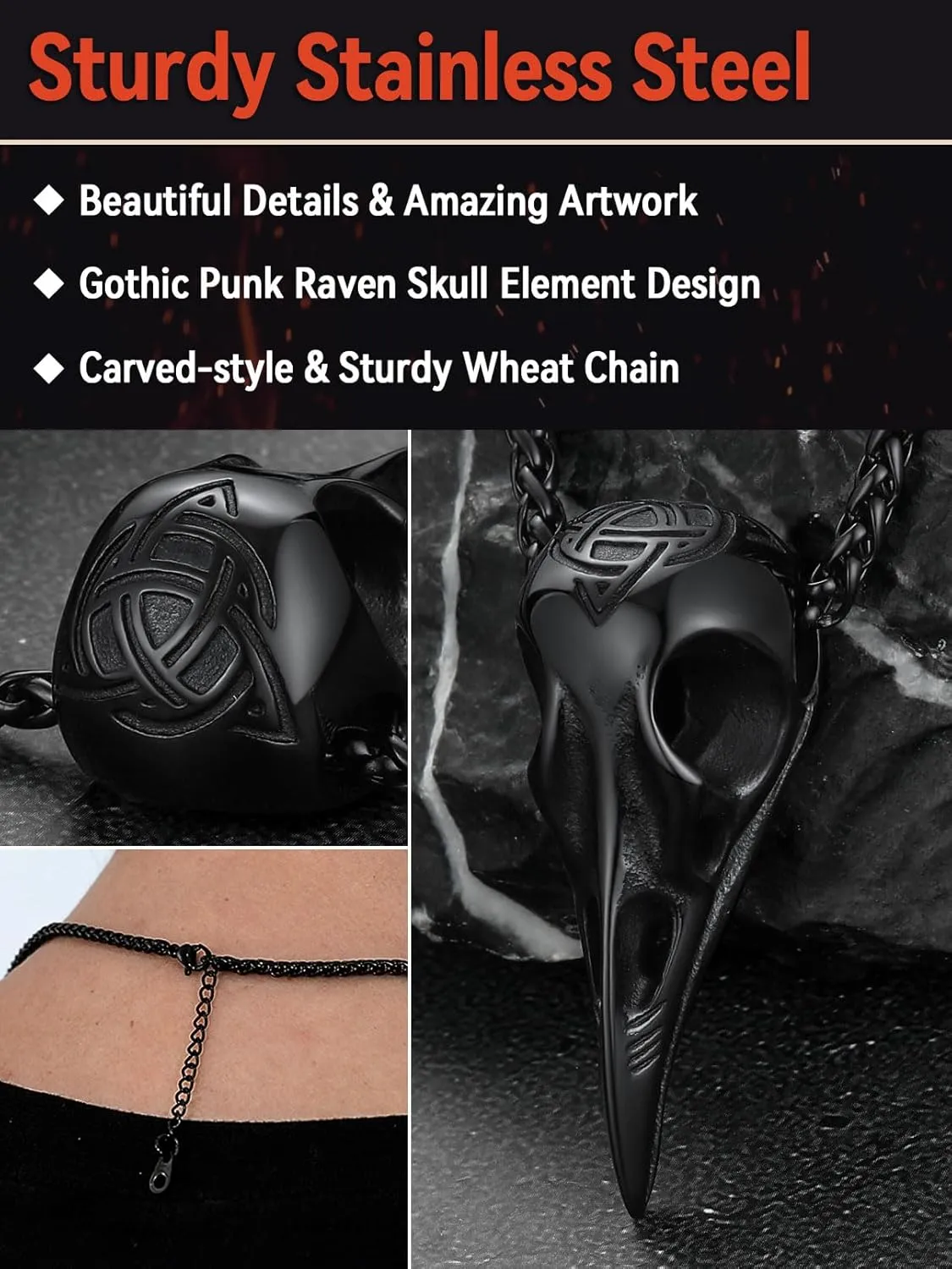 FaithHeart Viking Raven Necklace for Men, Norse Mythology Raven Skull Pendant Sturdy Stainless Steel Amulet Jewelry Gift for Men