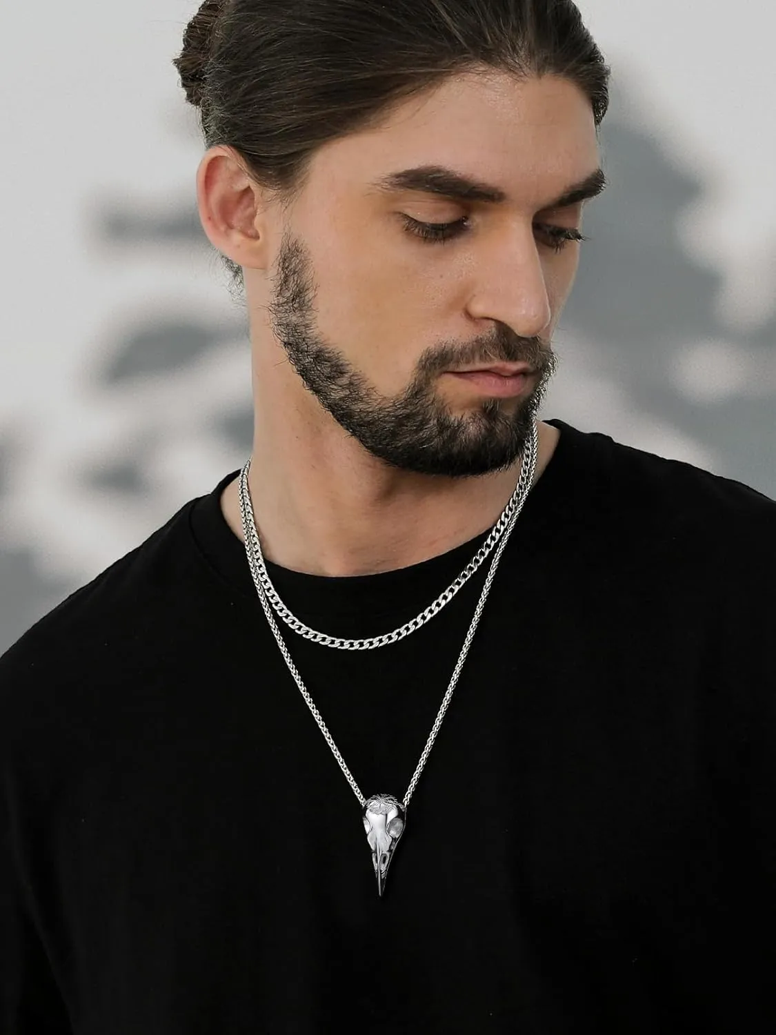 FaithHeart Viking Raven Necklace for Men, Norse Mythology Raven Skull Pendant Sturdy Stainless Steel Amulet Jewelry Gift for Men