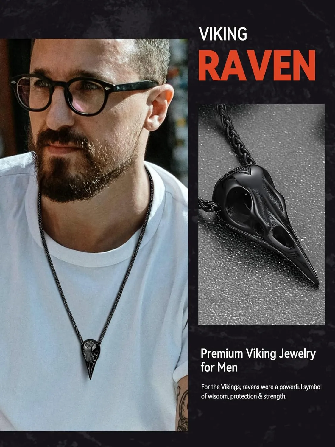 FaithHeart Viking Raven Necklace for Men, Norse Mythology Raven Skull Pendant Sturdy Stainless Steel Amulet Jewelry Gift for Men