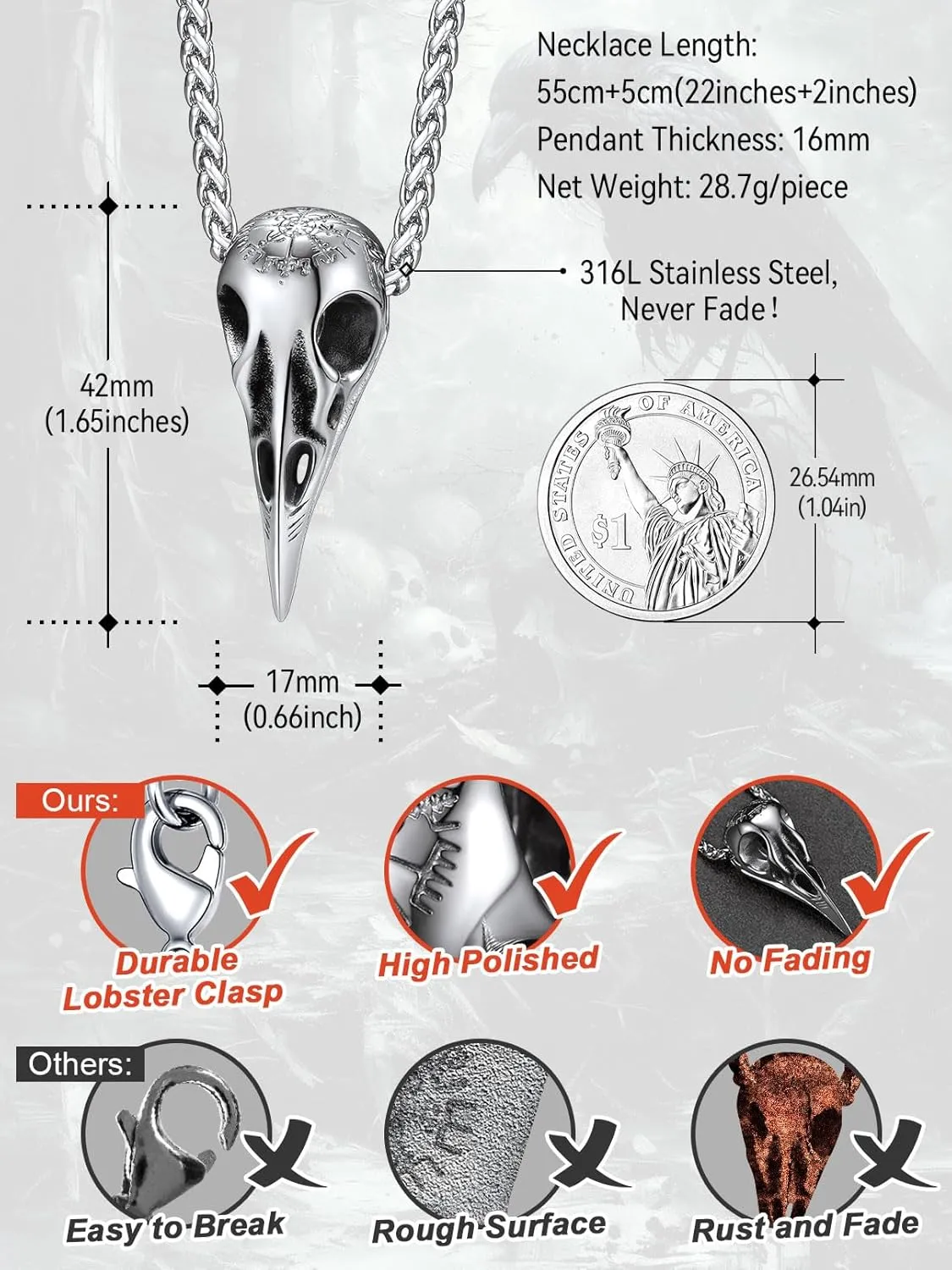FaithHeart Viking Raven Necklace for Men, Norse Mythology Raven Skull Pendant Sturdy Stainless Steel Amulet Jewelry Gift for Men