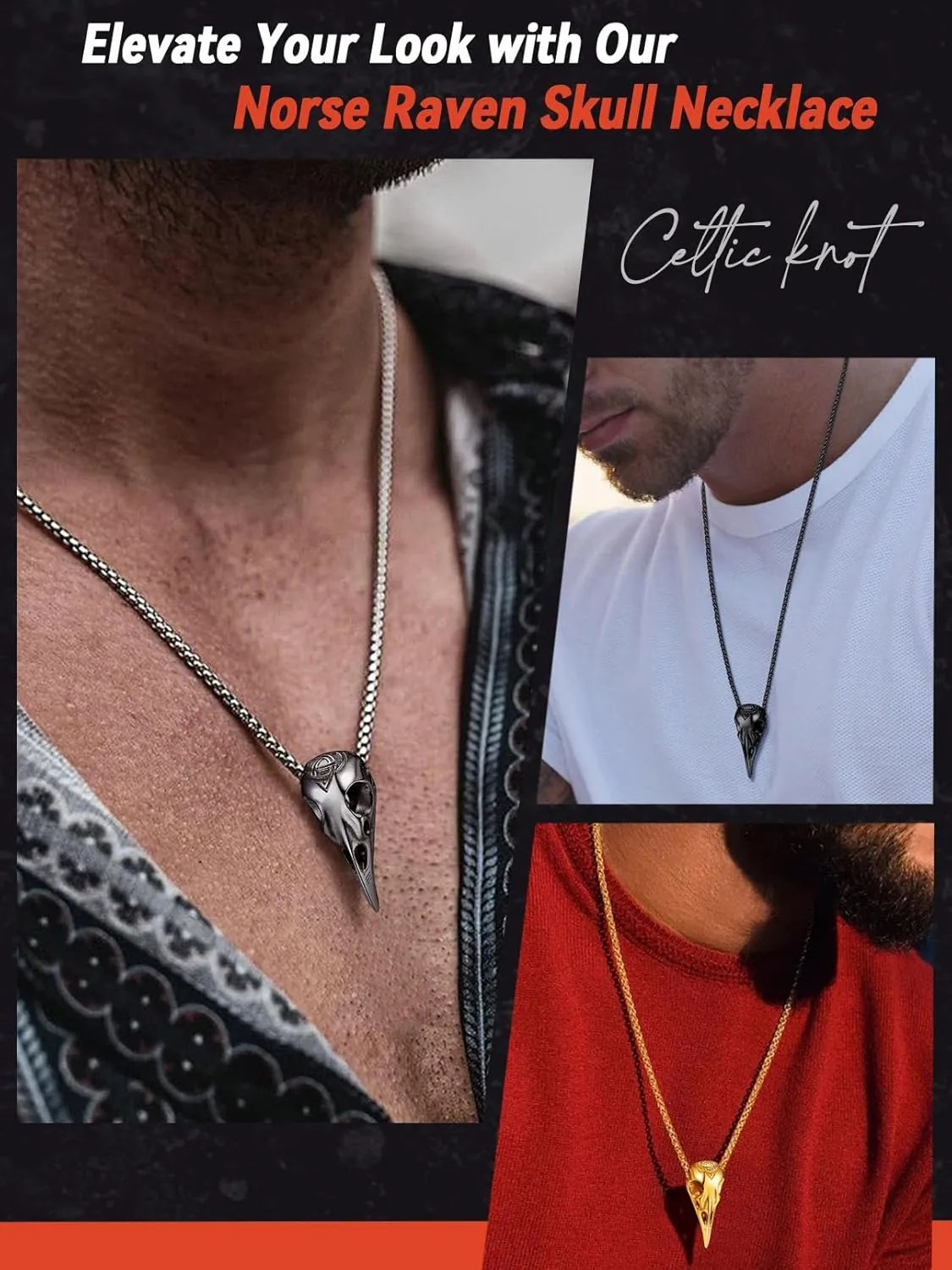FaithHeart Viking Raven Necklace for Men, Norse Mythology Raven Skull Pendant Sturdy Stainless Steel Amulet Jewelry Gift for Men