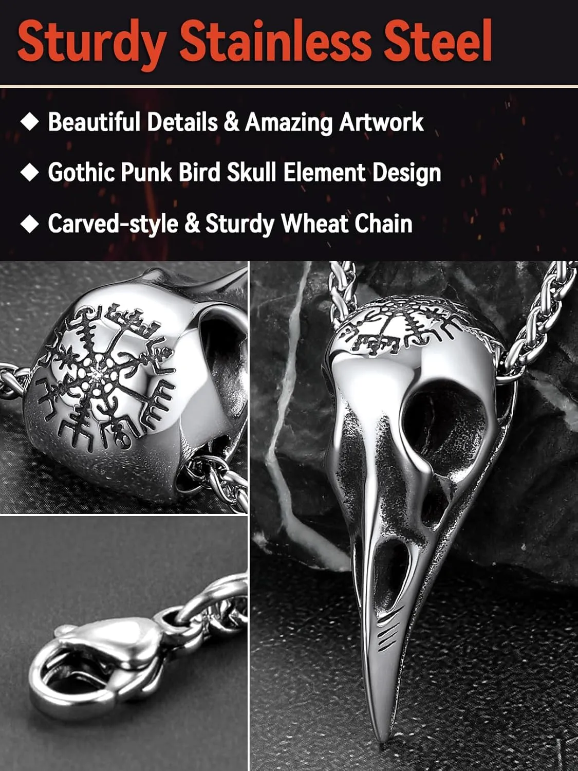 FaithHeart Viking Raven Necklace for Men, Norse Mythology Raven Skull Pendant Sturdy Stainless Steel Amulet Jewelry Gift for Men