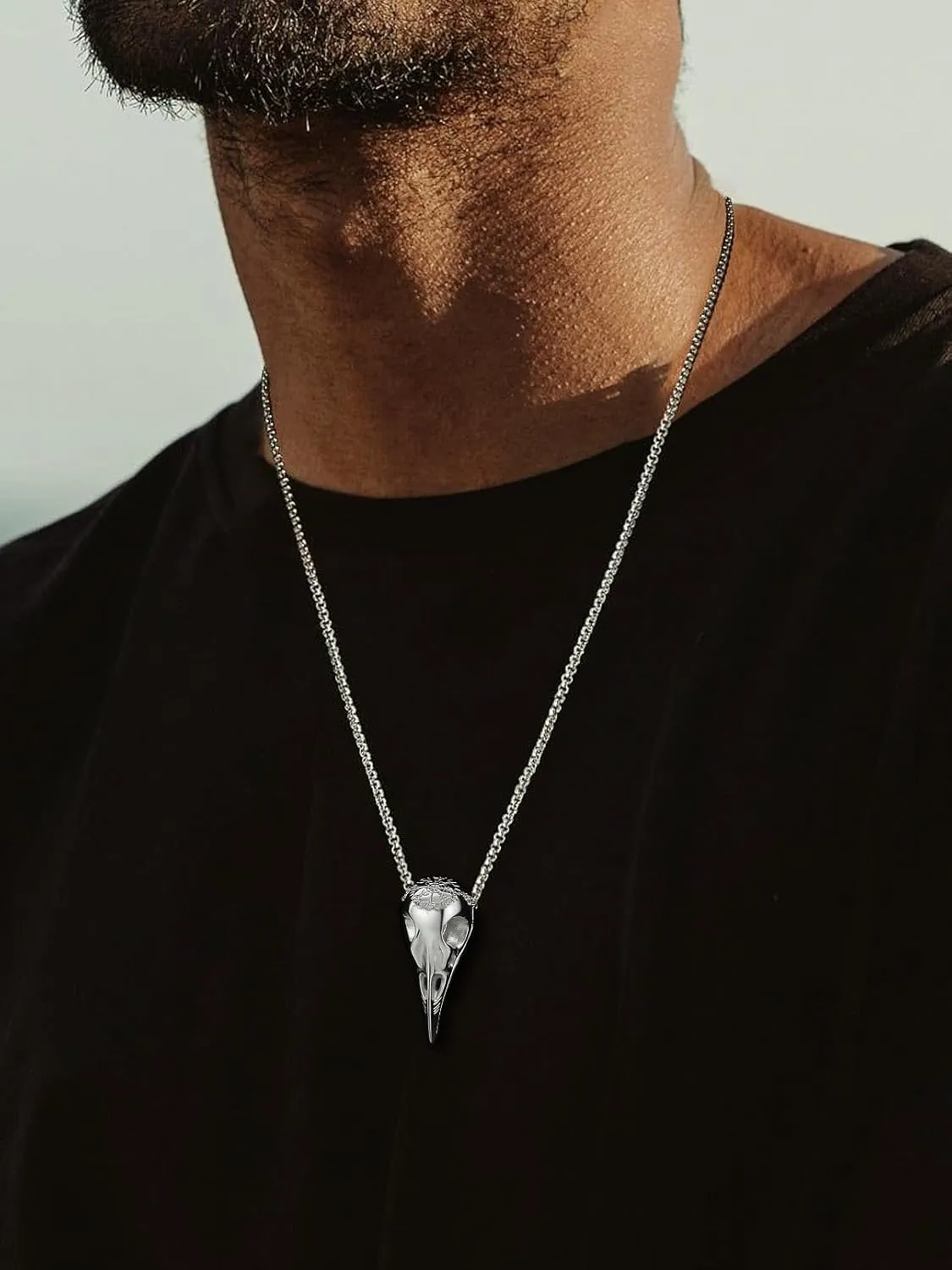 FaithHeart Viking Raven Necklace for Men, Norse Mythology Raven Skull Pendant Sturdy Stainless Steel Amulet Jewelry Gift for Men
