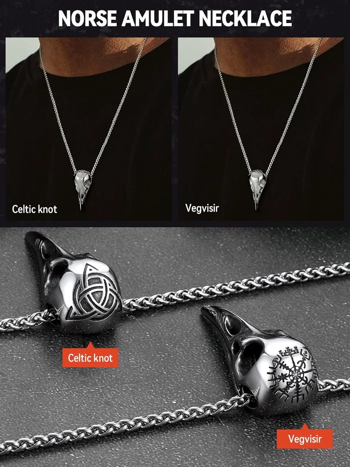 FaithHeart Viking Raven Necklace for Men, Norse Mythology Raven Skull Pendant Sturdy Stainless Steel Amulet Jewelry Gift for Men