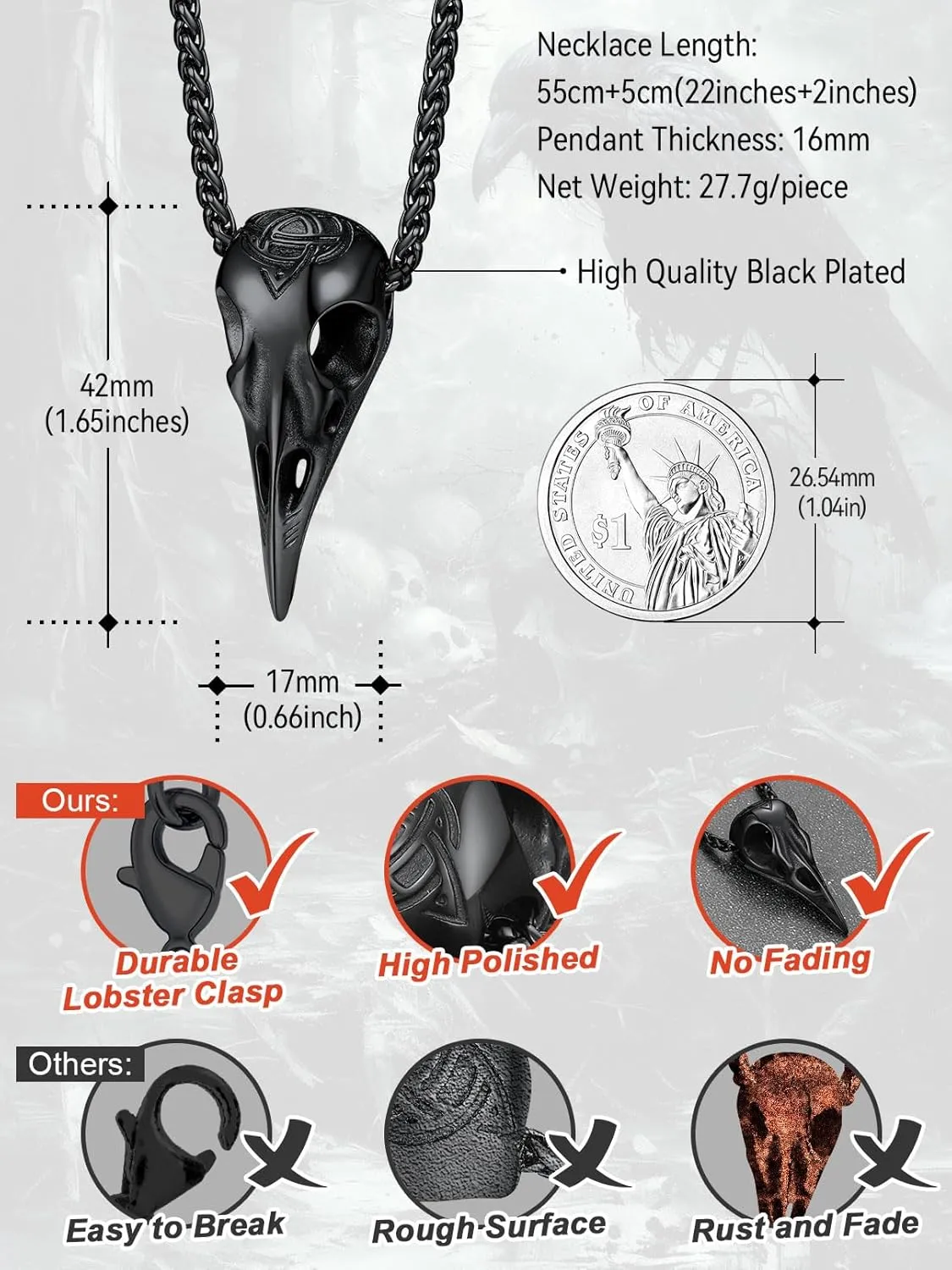 FaithHeart Viking Raven Necklace for Men, Norse Mythology Raven Skull Pendant Sturdy Stainless Steel Amulet Jewelry Gift for Men