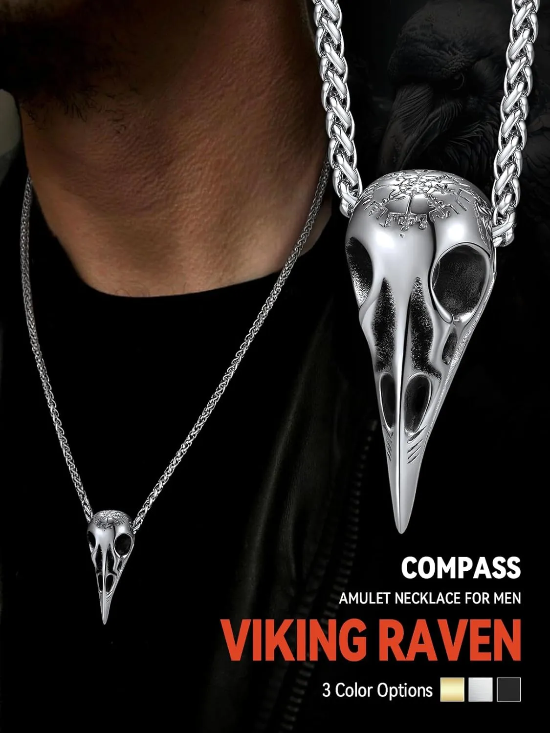 FaithHeart Viking Raven Necklace for Men, Norse Mythology Raven Skull Pendant Sturdy Stainless Steel Amulet Jewelry Gift for Men