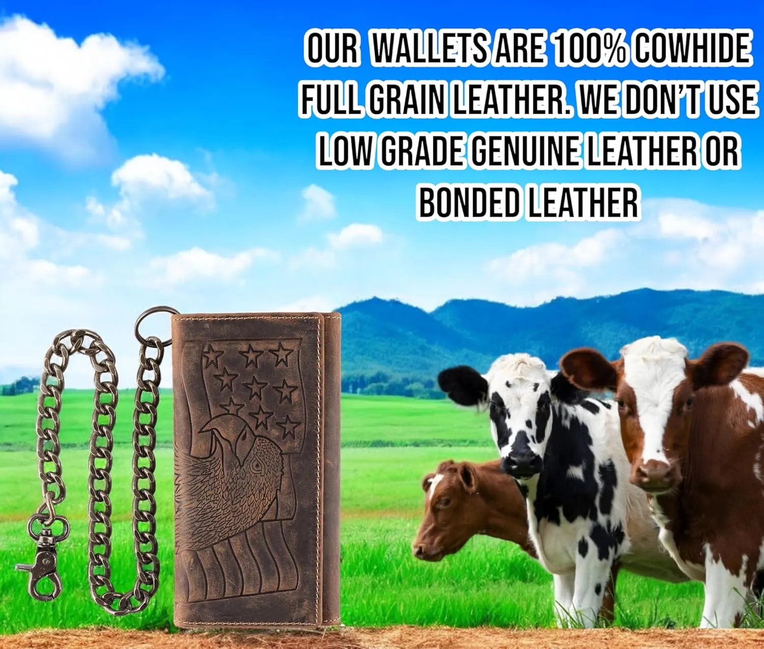 F&L CLASSIC RFID Blocking Mens Tri-fold Long Style Cowhide Leather Steel Chain Wallet,brown eagle/flag,212-101