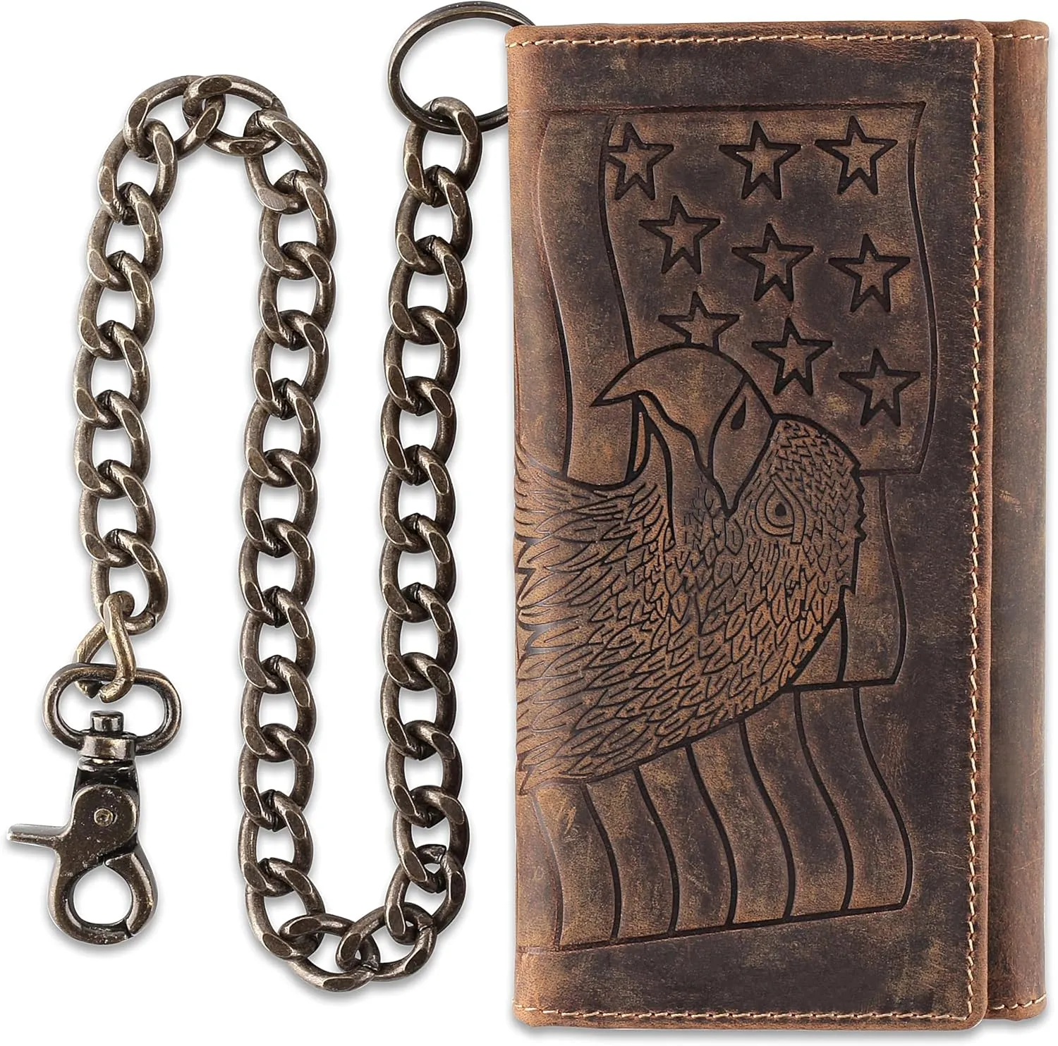 F&L CLASSIC RFID Blocking Mens Tri-fold Long Style Cowhide Leather Steel Chain Wallet,brown eagle/flag,212-101