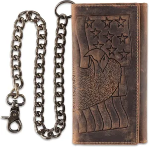 F&L CLASSIC RFID Blocking Mens Tri-fold Long Style Cowhide Leather Steel Chain Wallet,brown eagle/flag,212-101