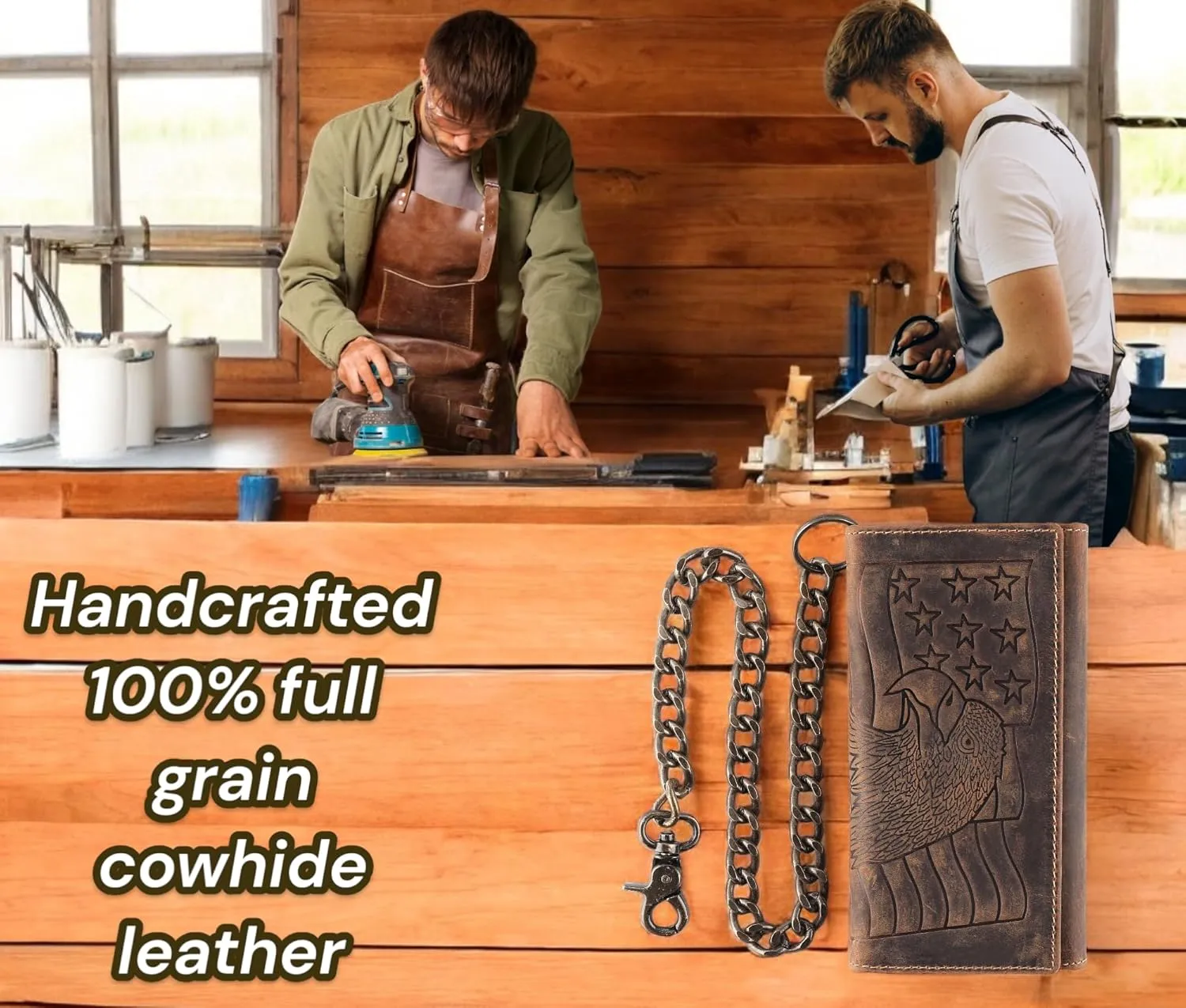 F&L CLASSIC RFID Blocking Mens Tri-fold Long Style Cowhide Leather Steel Chain Wallet,brown eagle/flag,212-101