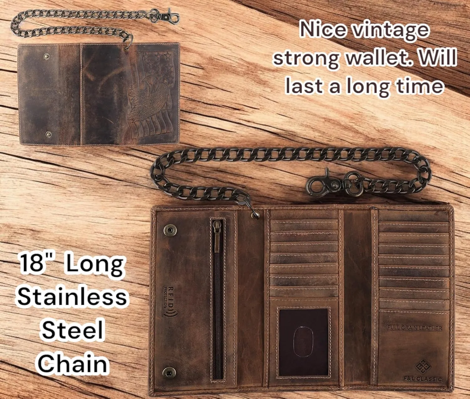 F&L CLASSIC RFID Blocking Mens Tri-fold Long Style Cowhide Leather Steel Chain Wallet,brown eagle/flag,212-101