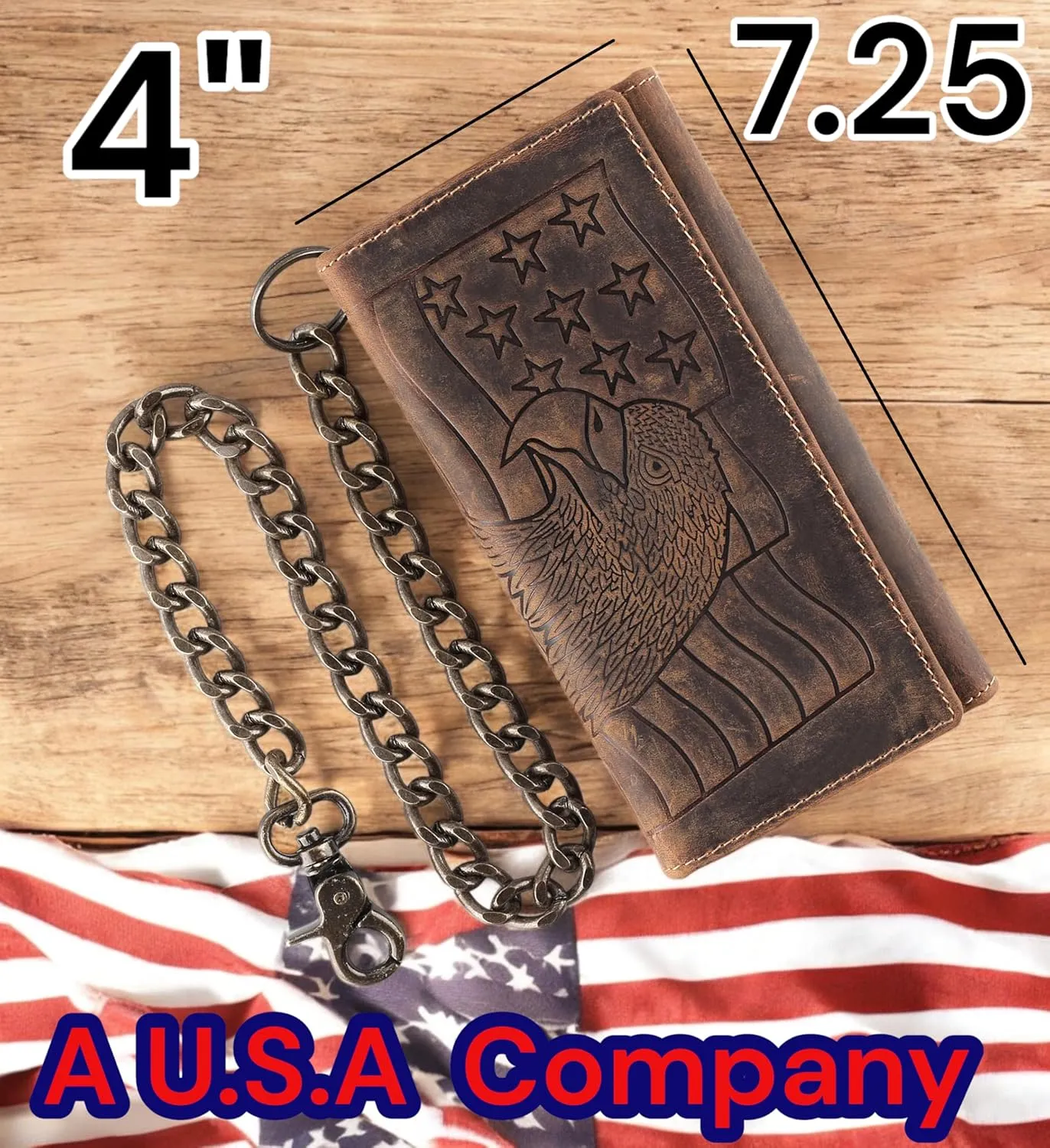 F&L CLASSIC RFID Blocking Mens Tri-fold Long Style Cowhide Leather Steel Chain Wallet,brown eagle/flag,212-101