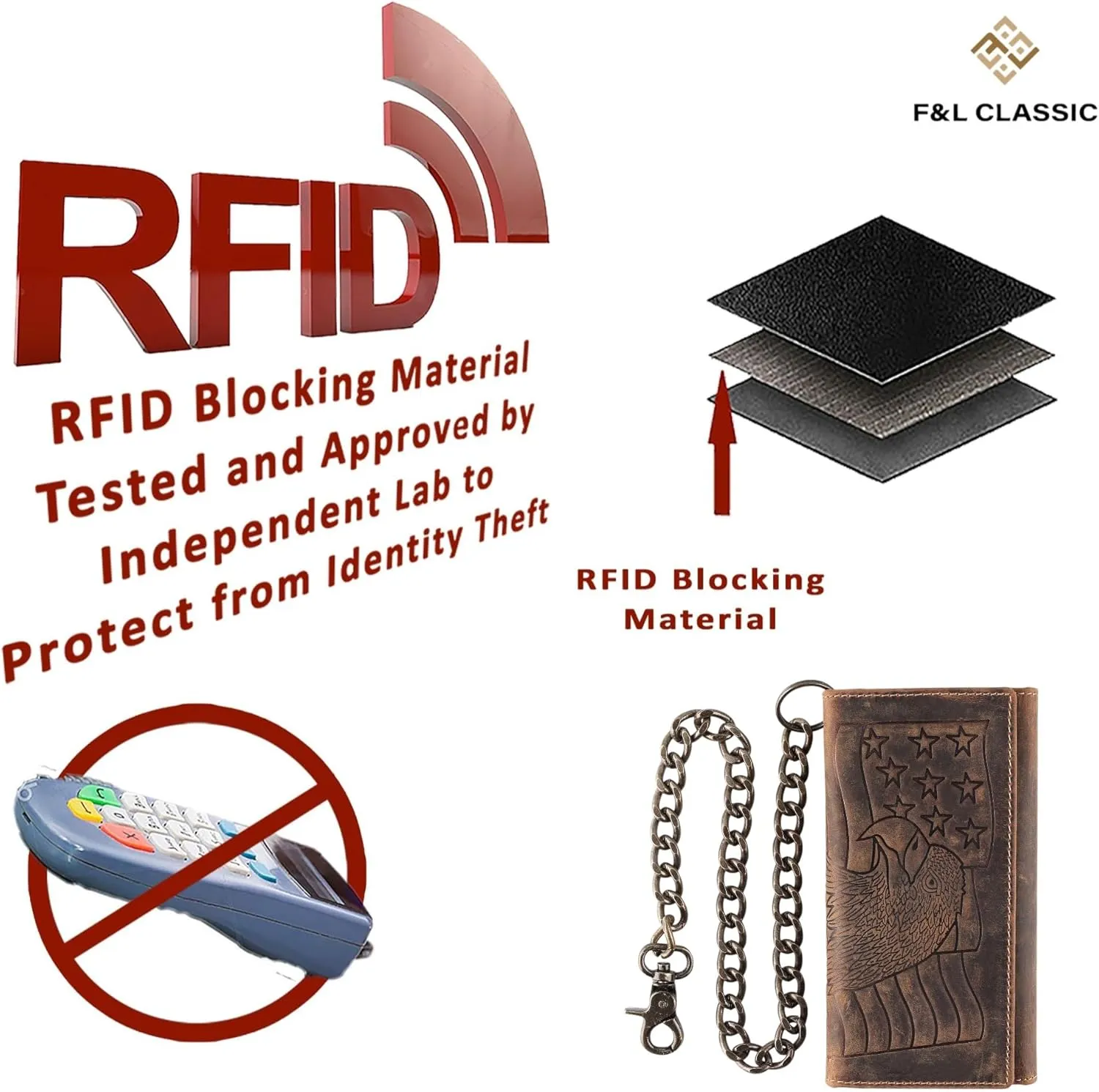 F&L CLASSIC RFID Blocking Mens Tri-fold Long Style Cowhide Leather Steel Chain Wallet,brown eagle/flag,212-101