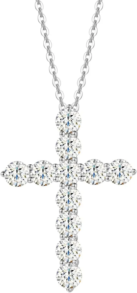 FANCIME 0.5CT/ 1CT/ 2CT Carat White Moissanite Gemstone with 14K Solid White Gold 3 Prong Setting Cross Pendant Necklace Fine Delicate Jewelry Anniversary Christmas Gifts for Women Girls