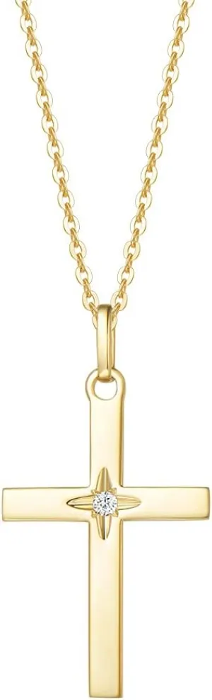 FANCIME 14K SOLID REAL Gold Star Natural Diamond 0.025ct Cross Crucifix Delicate Necklace Dainty Pendant Fine Jewelry Birthday Gifts For Women Girls, With 16 2" Solid Gold Cable Chain