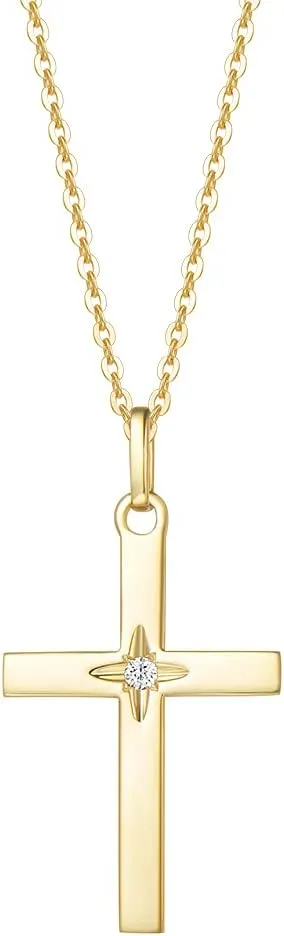 FANCIME 14K SOLID REAL Gold Star Natural Diamond 0.025ct Cross Crucifix Delicate Necklace Dainty Pendant Fine Jewelry Birthday Gifts For Women Girls, With 16 2" Solid Gold Cable Chain