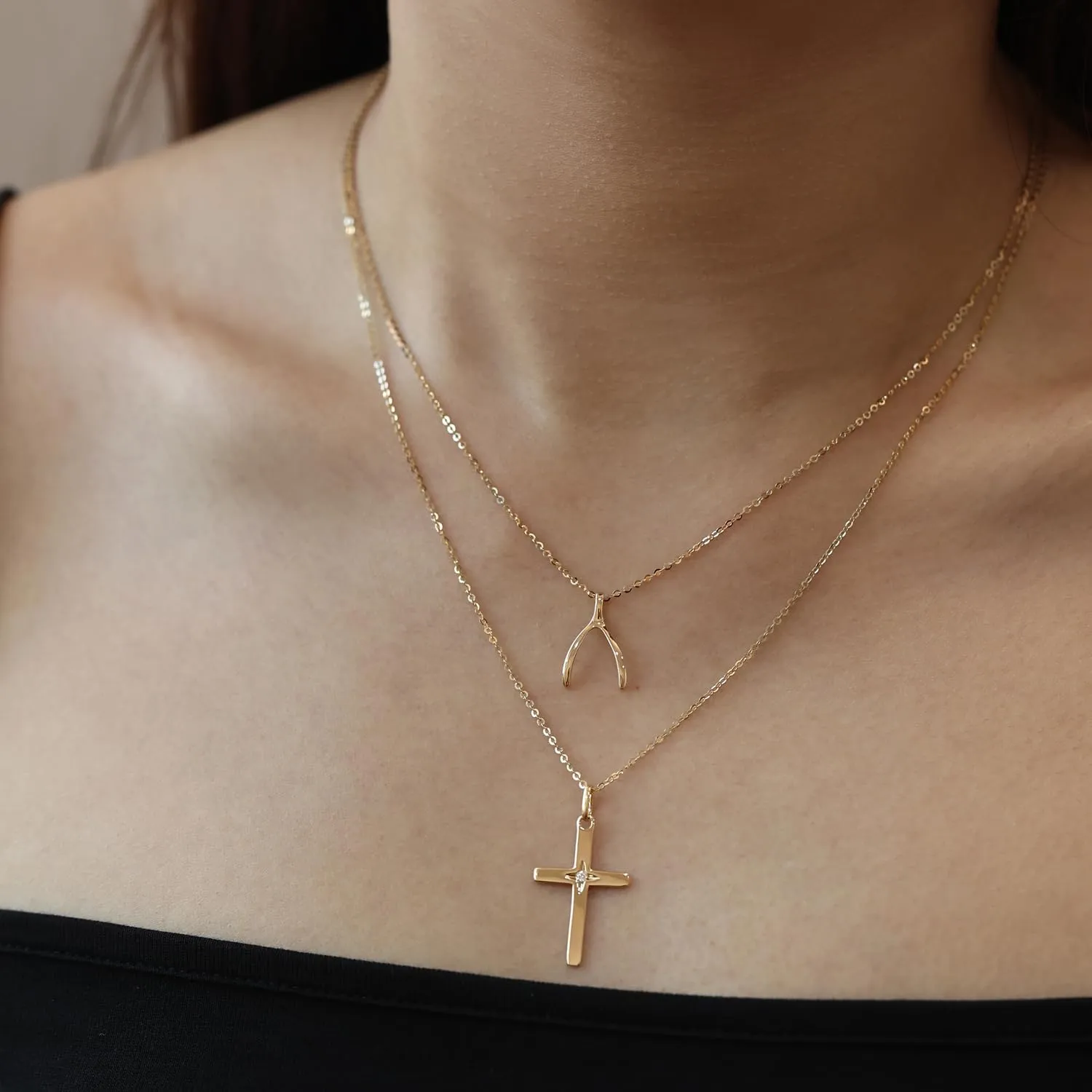 FANCIME 14K SOLID REAL Gold Star Natural Diamond 0.025ct Cross Crucifix Delicate Necklace Dainty Pendant Fine Jewelry Birthday Gifts For Women Girls, With 16 2" Solid Gold Cable Chain