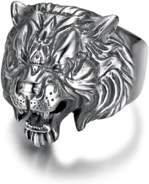 Fanshu Stainless Steel Titanium Tiger Head Ring for Men Women Hip Hop Punk Animal Gothic Biker Couple Friends Gift Fashion Jewelry