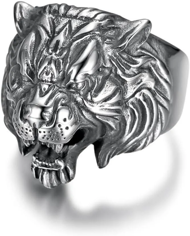 Fanshu Stainless Steel Titanium Tiger Head Ring for Men Women Hip Hop Punk Animal Gothic Biker Couple Friends Gift Fashion Jewelry