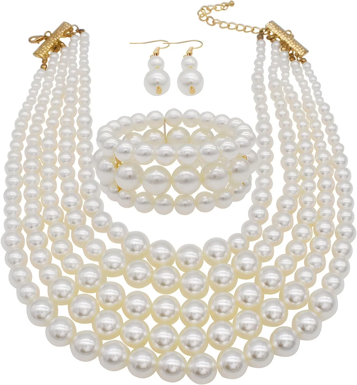 Faux Big Pearl Strand Necklaces for Women - 5 Layers Bib Collar Necklace, Bracelet and Earrings Set - 1920s Costume Jewelry for Bridal Wedding Gift (White)