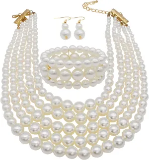Faux Big Pearl Strand Necklaces for Women - 5 Layers Bib Collar Necklace, Bracelet and Earrings Set - 1920s Costume Jewelry for Bridal Wedding Gift (White)