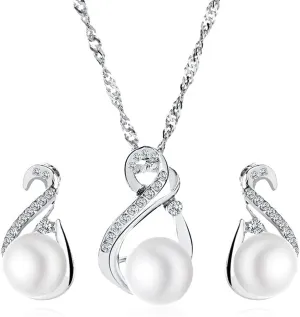 Faux Pearl Jewelry Set Freshwater Cultured Pearls Pendant Necklace Ivory Teardrop Pearl Dangling Earrings Cubic Zirconia Pearl Wedding Jewelry Set for Bridal Women Bridesmaids & Brides