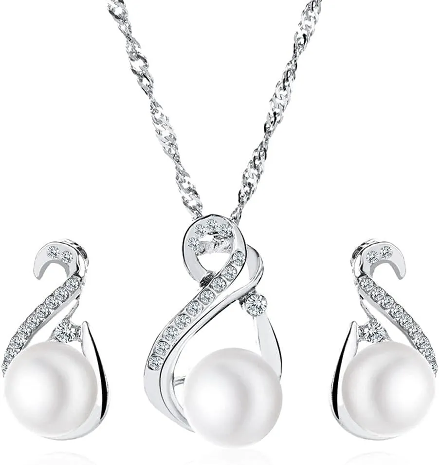 Faux Pearl Jewelry Set Freshwater Cultured Pearls Pendant Necklace Ivory Teardrop Pearl Dangling Earrings Cubic Zirconia Pearl Wedding Jewelry Set for Bridal Women Bridesmaids & Brides
