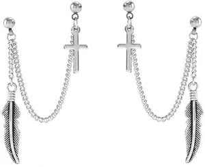 Feather Cross Double Ball Piercing Chain Minimalist Dangle Drop Stud Cuff Earrings for Two Holes Men Women 2nd Ear Cartilage Stainless Steel Fashion Punk Climber Crawler Threader Tassel Dangling Gifts for Birthday Bff