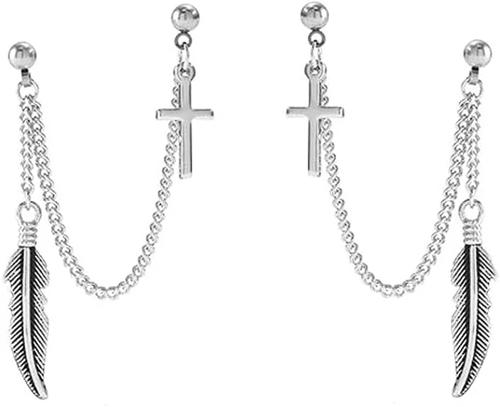 Feather Cross Double Ball Piercing Chain Minimalist Dangle Drop Stud Cuff Earrings for Two Holes Men Women 2nd Ear Cartilage Stainless Steel Fashion Punk Climber Crawler Threader Tassel Dangling Gifts for Birthday Bff