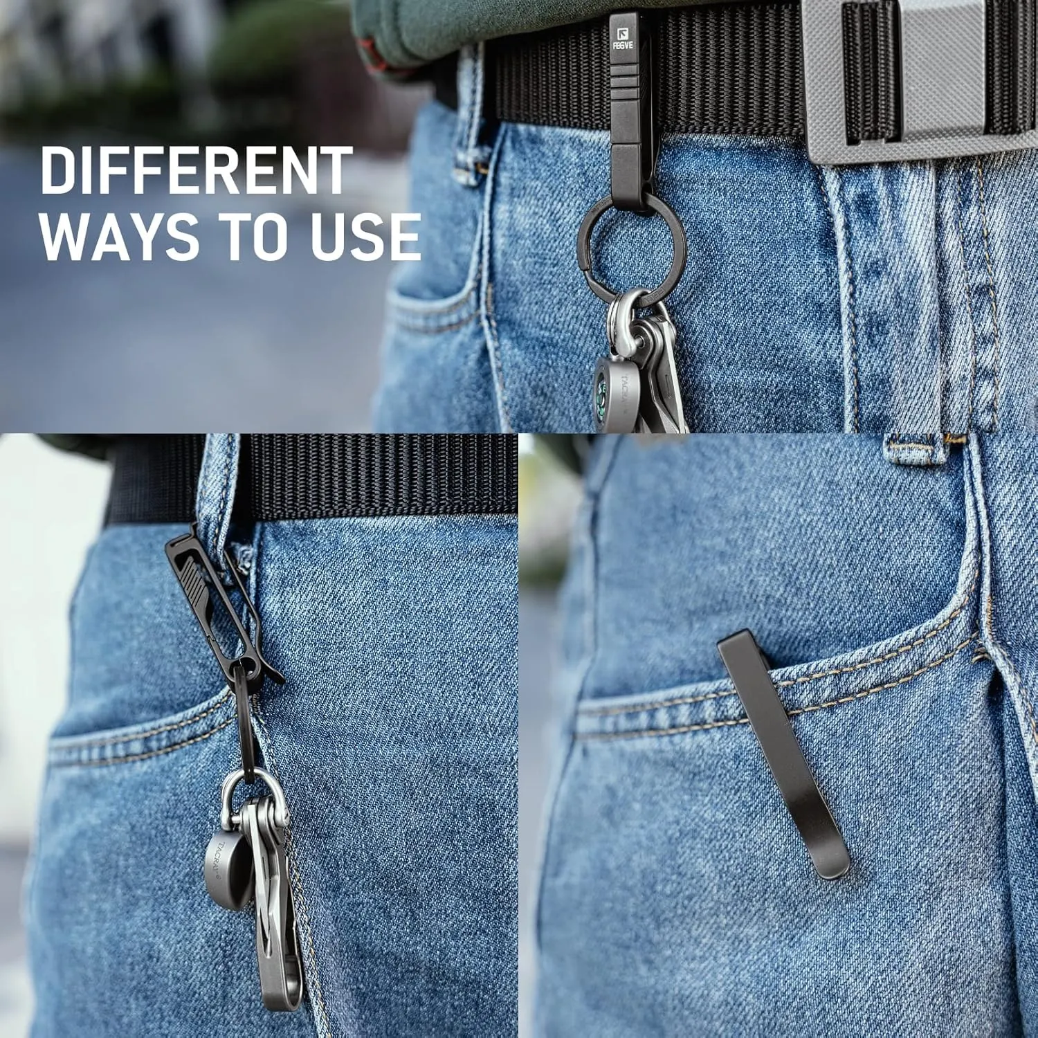 FEGVE Duty Belt Key Holders Titanium Carabiner Keychain Belt Clip with Keyring for Keys,Gifts for Men Dad (Black - BK1)