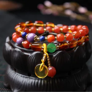 Feng Shui Buddhism Prayer Bracelet Prosperity Red Carnelian Gold Amber Amulet Bangle Peace Button Pendant Healing Crystal Chakra Multi Gemstones for Good Luck Physical Spiritual Energy Unisex