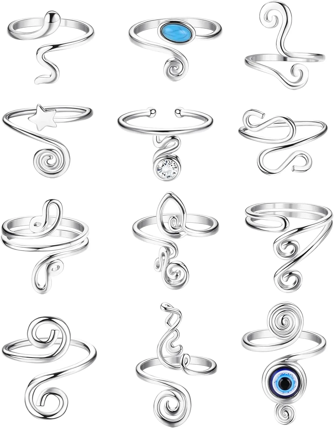 FIBO STEEL 12Pcs Adjustable Toe Rings for Women Open African Toe Rings Summer Beach Foot Jewelry
