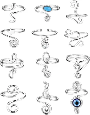 FIBO STEEL 12Pcs Adjustable Toe Rings for Women Open African Toe Rings Summer Beach Foot Jewelry