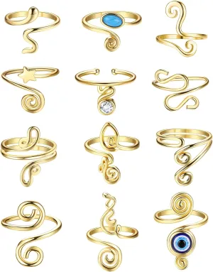 FIBO STEEL 12Pcs Adjustable Toe Rings for Women Open African Toe Rings Summer Beach Foot Jewelry