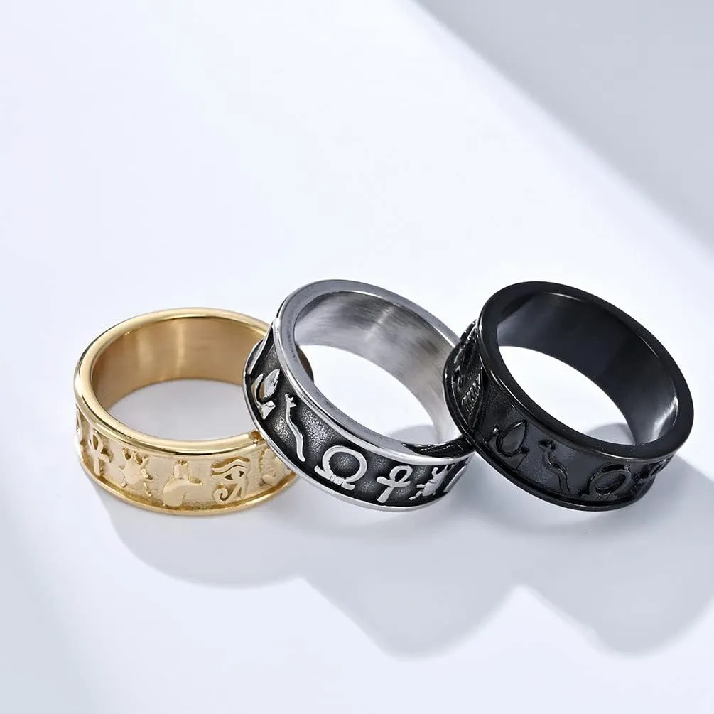 Fidget Rings Ankh Ring Stainless Steel Eye of Horus Rings Anubis Black/Silver/Gold Spinner Anxiety Ring Ancient Egyptian Symbol Protection Band Jewelry Gifts for Women Men
